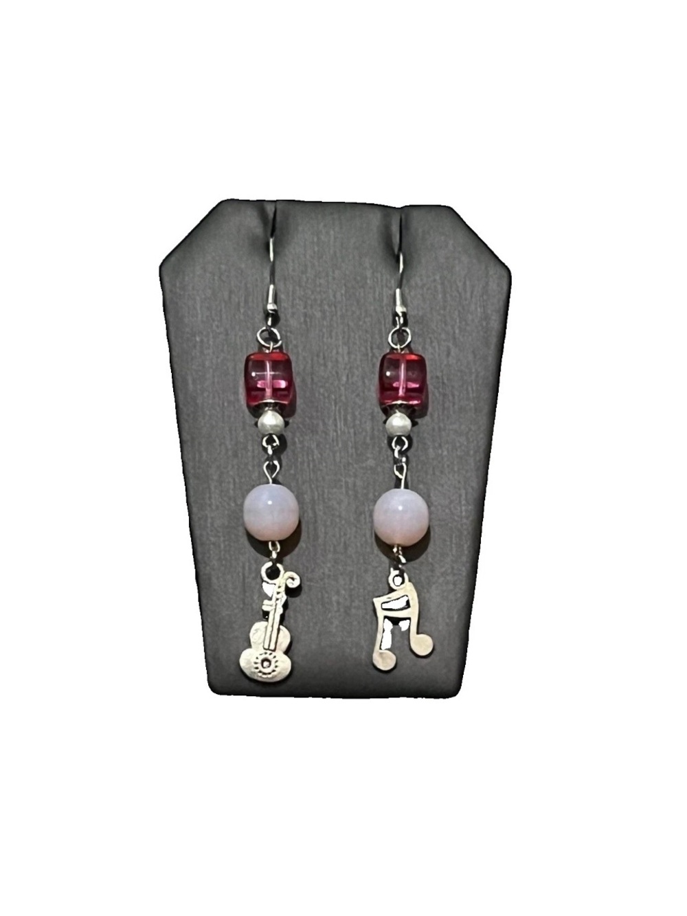 Handmade Music Earrings Silver Tone Pink Bead Guitar Note Dangle Drop NEW